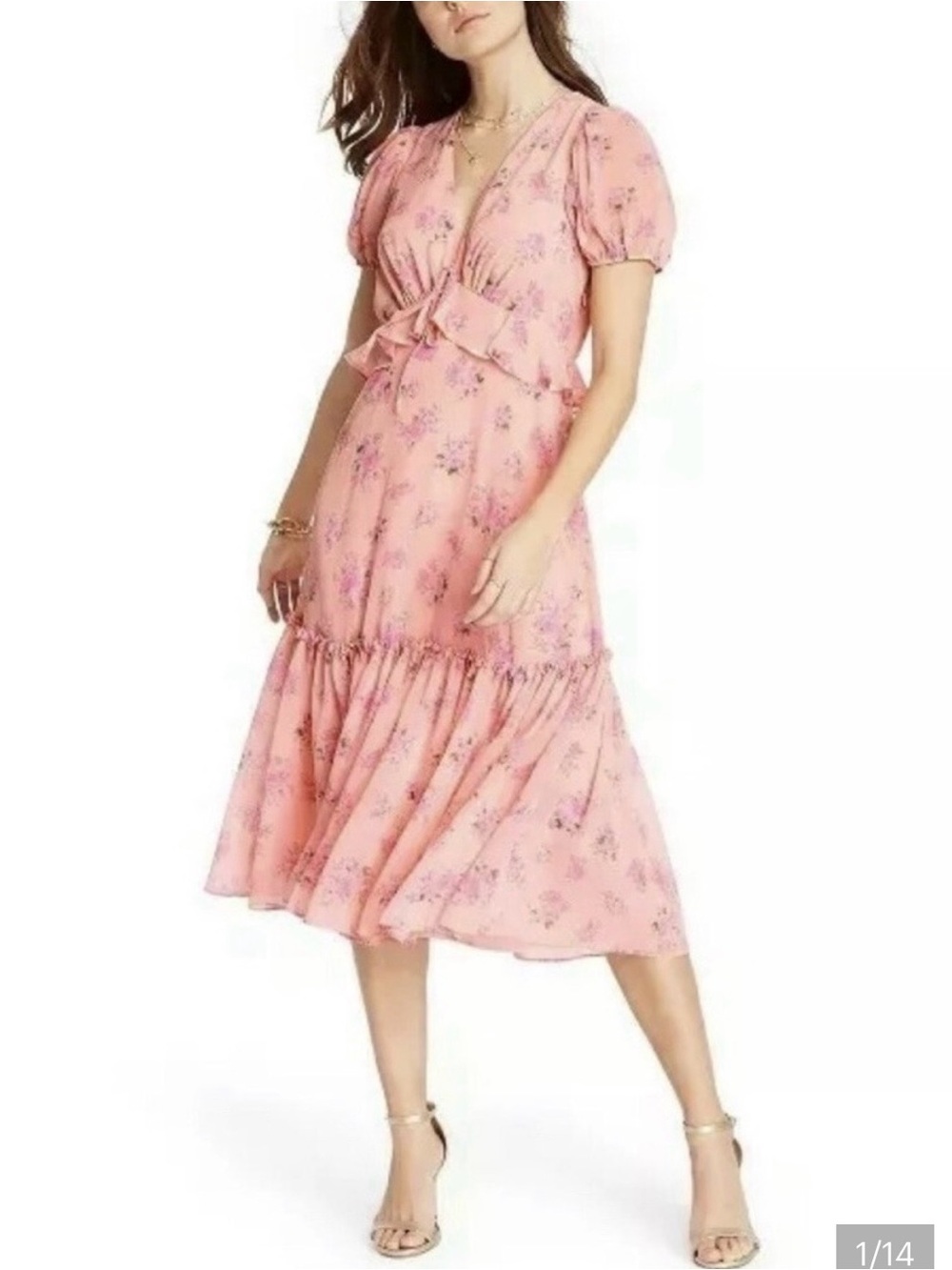 LoveShackFancy Blush Pink Floral Tie-Front Midi Dress